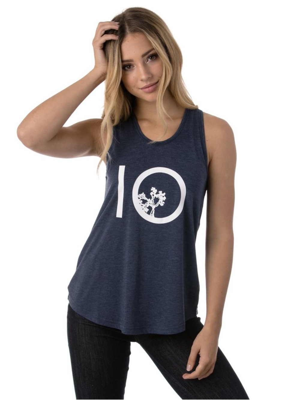 tentree Navy Tank with flare waist and classic 10tree logo